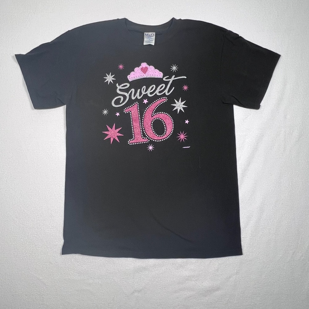 VTG 90s 16th Birthday Sweet 16 Graphic Tee M&O Knits Black Size Medium